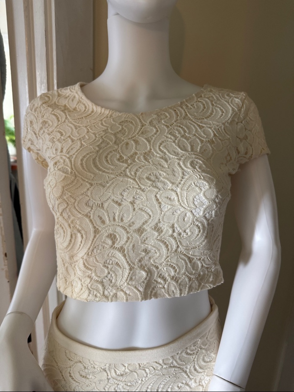 Express Cream Lace Pencil Skirt and Cream Lace Crop Top - Picture 2 of 10